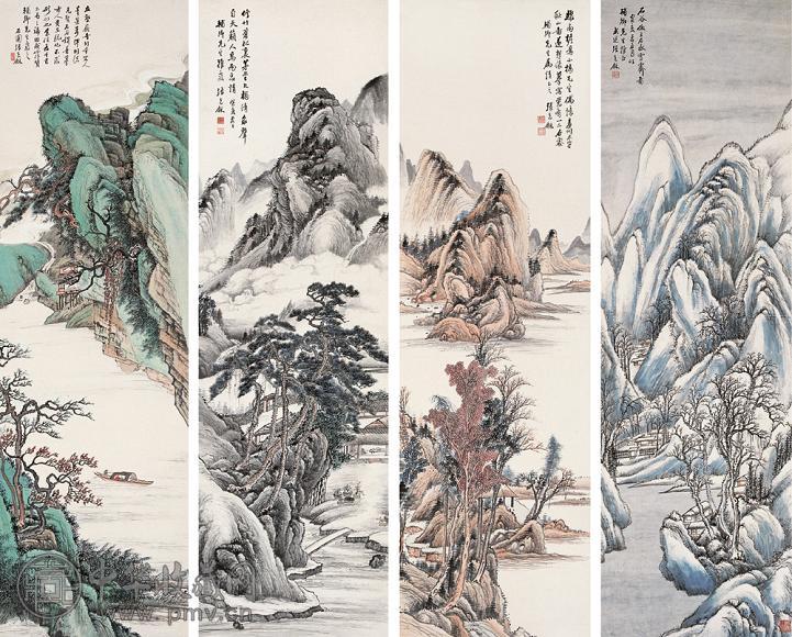 张石园 癸亥(1923年)作 四季山水 四屏 设色纸本