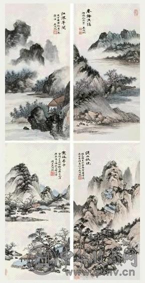 吴湖帆 1940年作 仿古山水 四屏 设色纸本 收藏资讯|艺术家|书画家|书画名人|书法家-中华收藏网