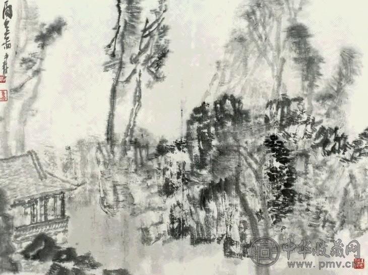 童中焘 山水 镜框 设色纸本