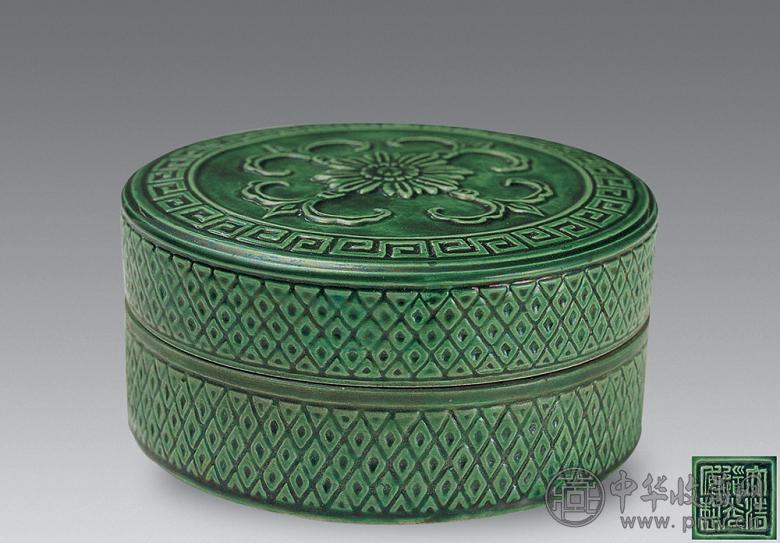 清 绿釉印花纹印盒