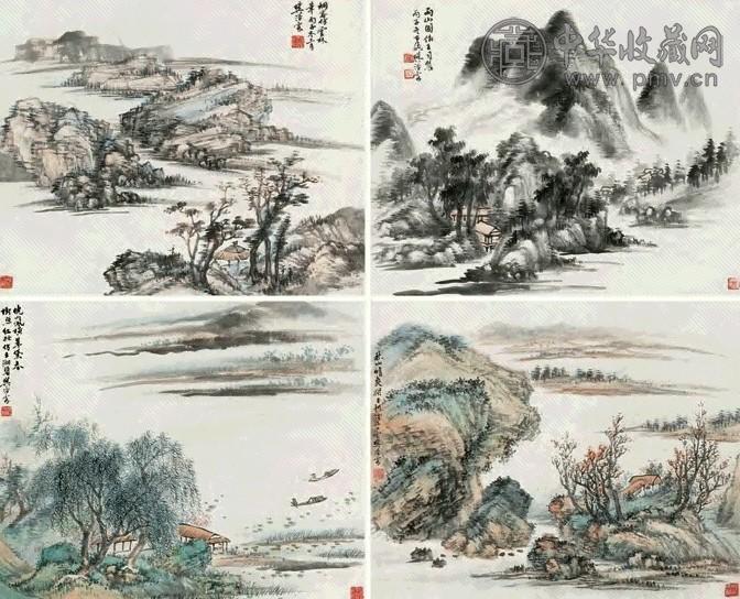 樊浩霖 晓岚横翠图等四景题 四屏 设色纸本