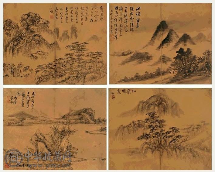 严钰 山水 册页(10开选4) 墨色纸本