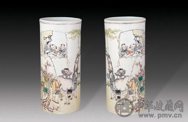 民国 浅降彩渔樵耕读帽筒(2件)