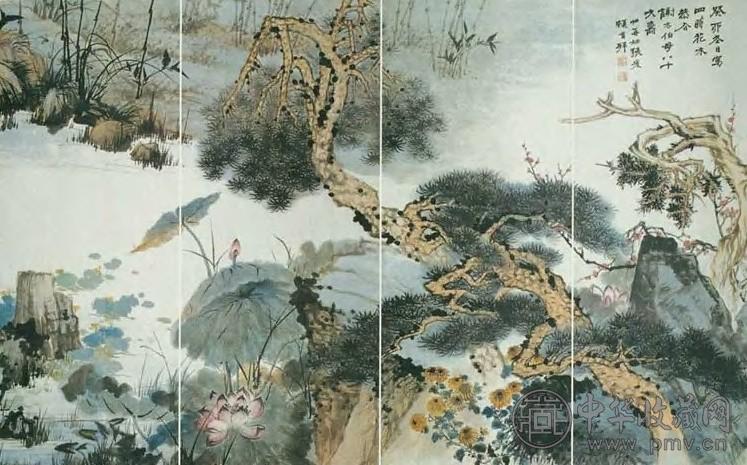 张大千 四时花木 四屏