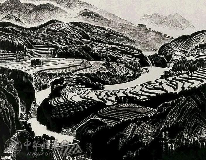 丰中铁 1975年 山区公社(A.P) 套色版画