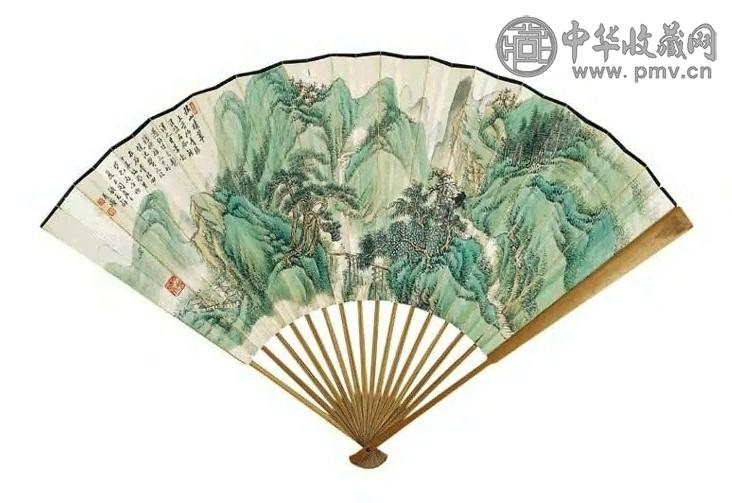 张石园 吴待秋 秋山晴翠 成扇 设色纸本