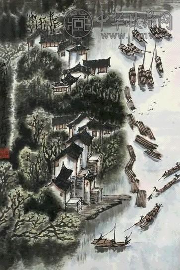 李行简 2001年作 江村渔归 镜心 设色纸本