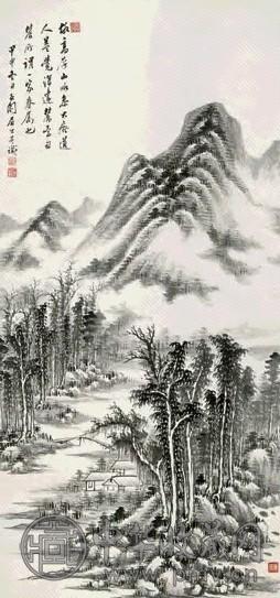 张石园 甲申(1944年)作 山水 屏轴 水墨纸本