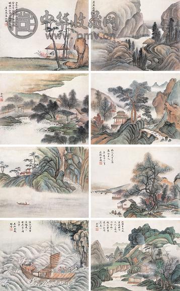 金城 1911年作 山水合册 册页(8开) 设色纸本