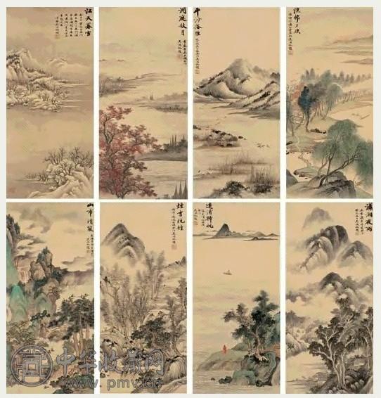 陆抑非 1943年 潇湘八景(8件) 屏轴 设色纸本