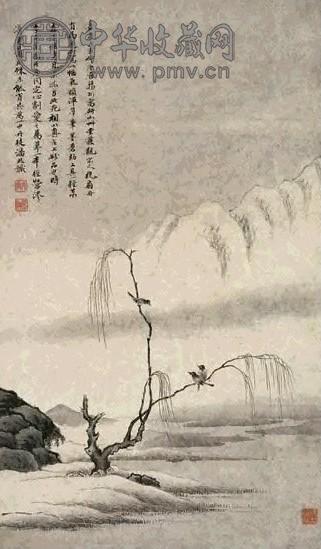 潘岐 戊寅(1818)年作 疏柳幽栖 立轴 水墨纸本