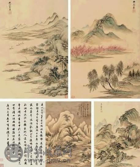 王鉴 丙辰(1676年)作 仿古山水 册页(10开选5) 设色纸本