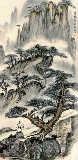 近现代 钱瘦铁 松林高土图 轴