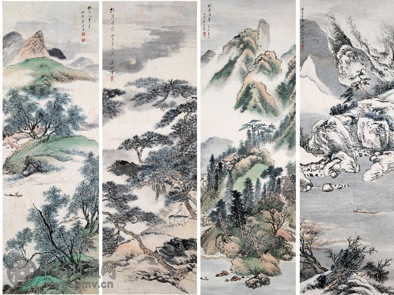 吴镜汀 四季山水四屏 设色纸本