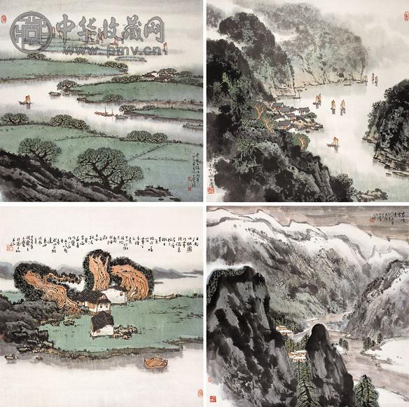 宋玉麟 1987年作 江南风景 四屏 设色纸本