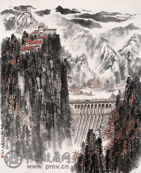 宋文治 1963年作 庐山人工湖 立轴 设色纸本