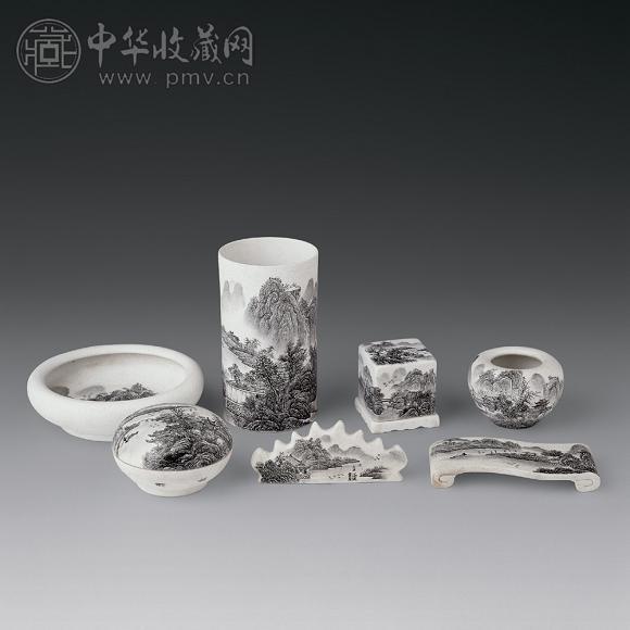 清 浴砚书屋款反瓷山水文具(1组7件)