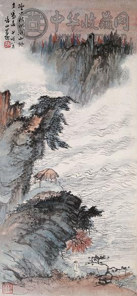 萧愻 甲戌(1934年)作 秋水夕阳 镜心 设色纸本