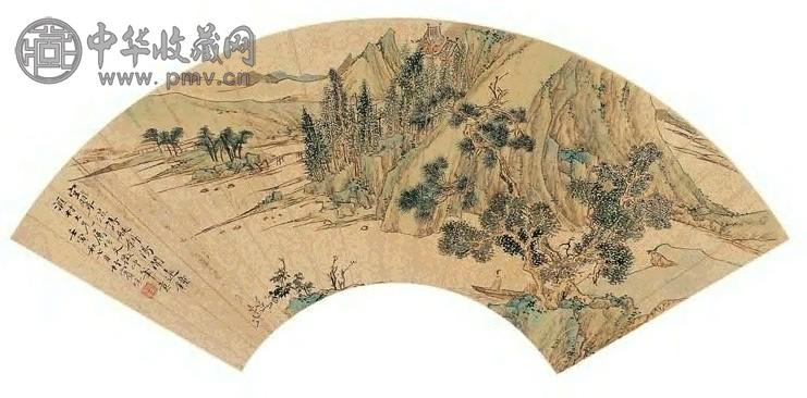 沈焯 壬寅(1902年)作 山水 扇面 设色金笺