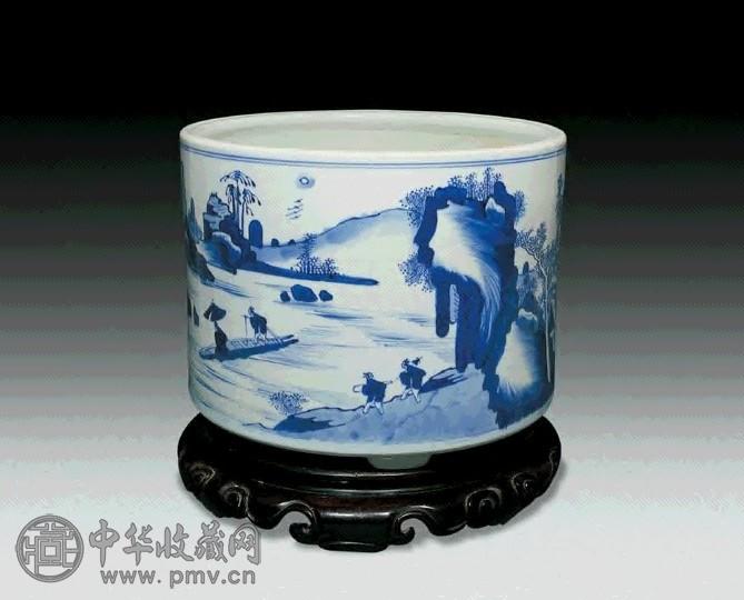 金閣】中国美術 青花 山水人物紋 筆筒 康熙年製款 文房四宝 旧家蔵出