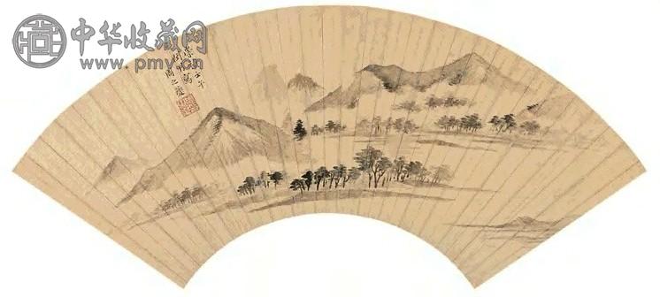 周之夔 崇贞壬午(1642年)作 平林远岫图 扇面 水墨金笺