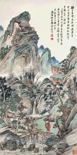 查丰诒 青嶂飞瀑图 立轴 设色纸本