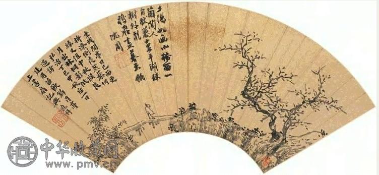 沈周 夕桥策杖 扇面 水墨金笺