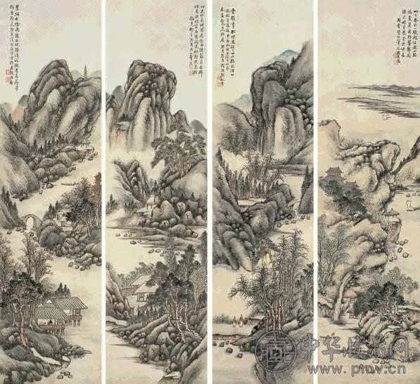 罗月溪 山水 四屏 设色纸本