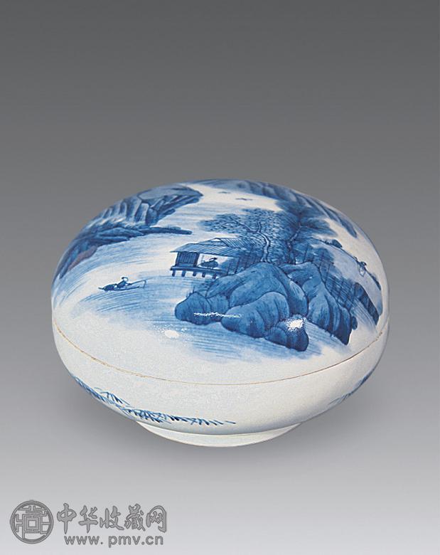 清光绪 青花山水人物纹印盒