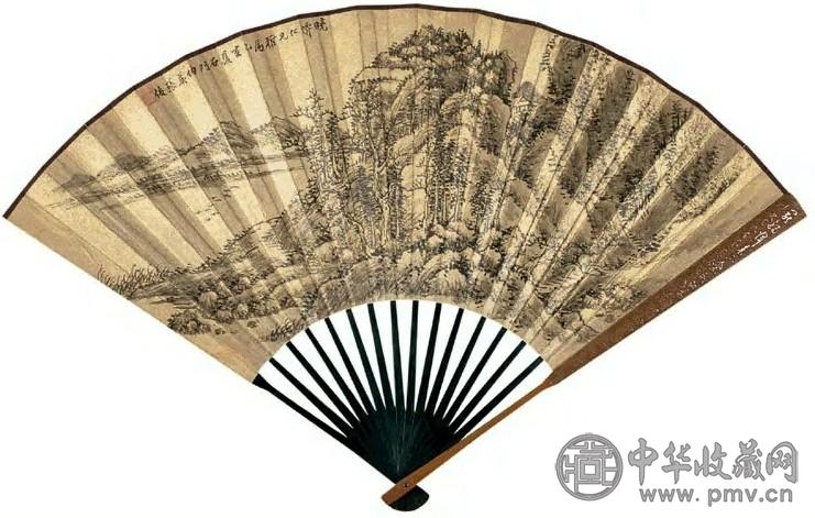 1935年 张伯英 林壑飞渡图并楷书 成扇 水墨金笺