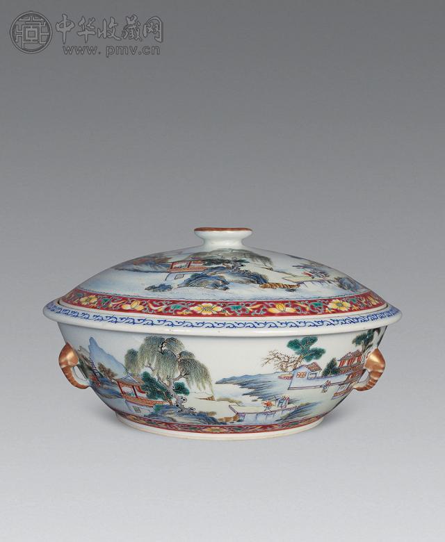 二十世纪 粉彩楼阁山水盖缸