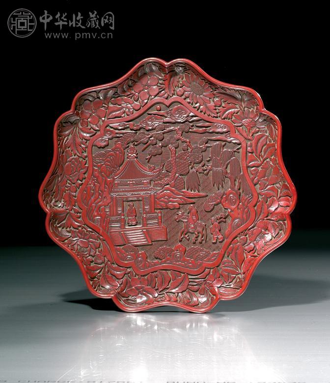 清代或旧 剔红文人山水纹花瓣形盘