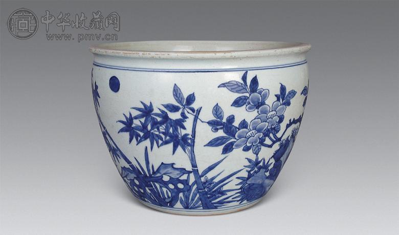 清顺治 青花花鸟缸