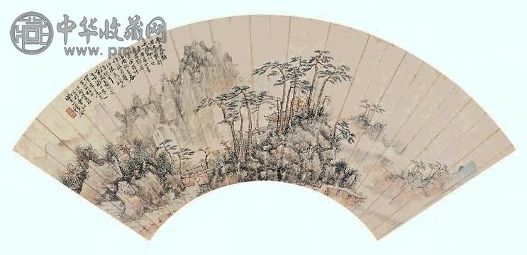 莲溪 古刹钟声 扇面 设色纸本