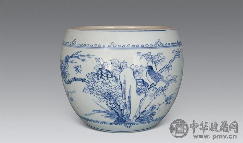清康熙 青花花鸟纹钵式缸