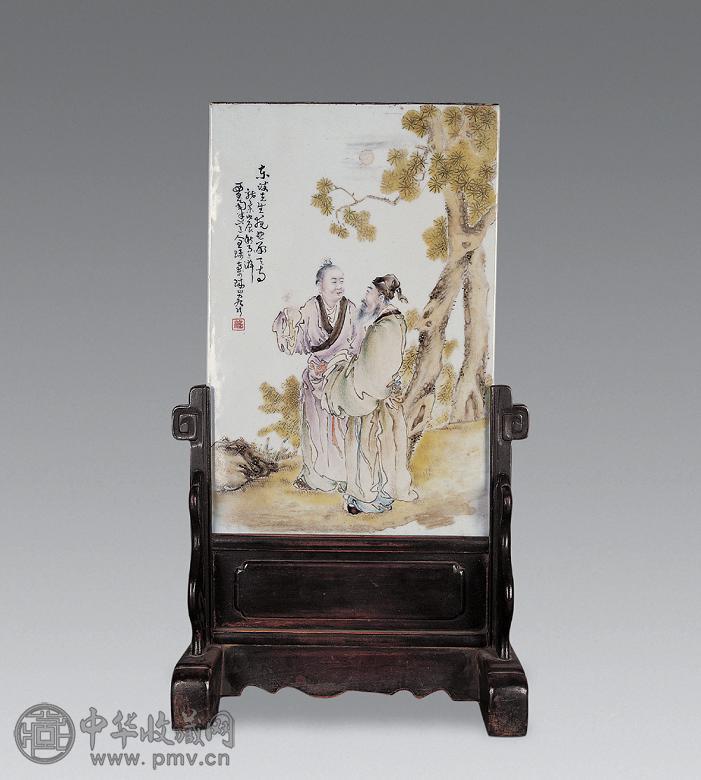 民国 王琦绘粉彩东坡先生瓷板插屏