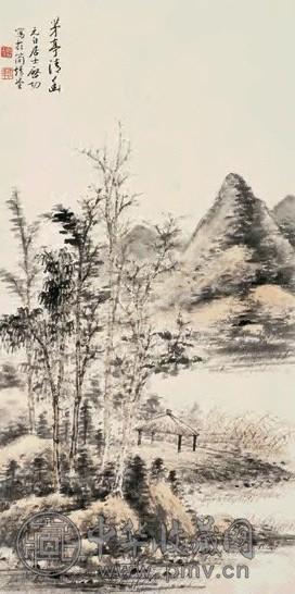 启功 茅亭清幽 镜心 设色纸本