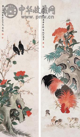 马佳同 花鸟 四屏 纸本设色