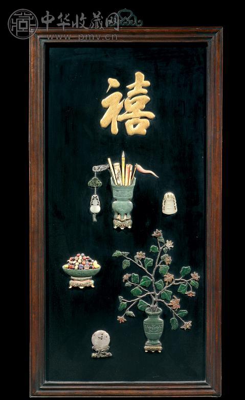 清朝 嵌宝石 玉 属黑漆文具纹平板