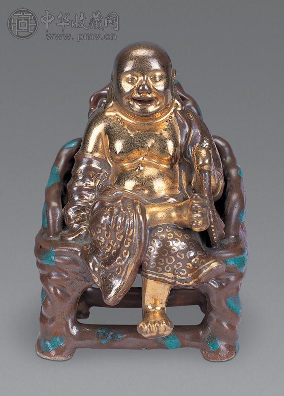 清乾隆 酱釉点彩描金布袋罗汉坐像