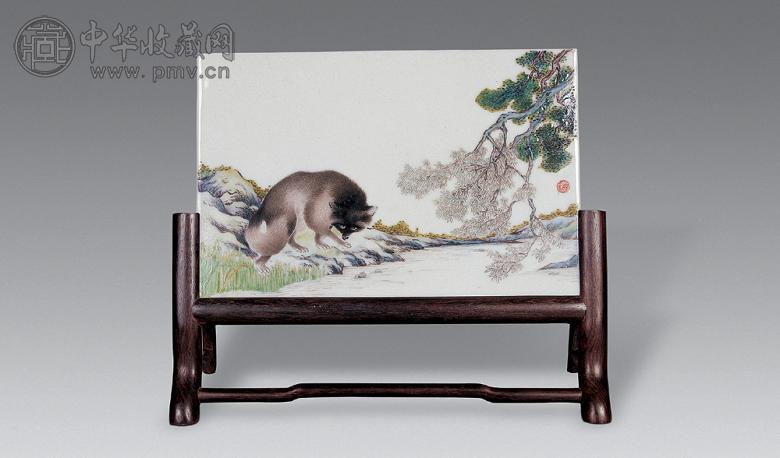 民国 潘匋宇粉绘彩狐狸瓷板