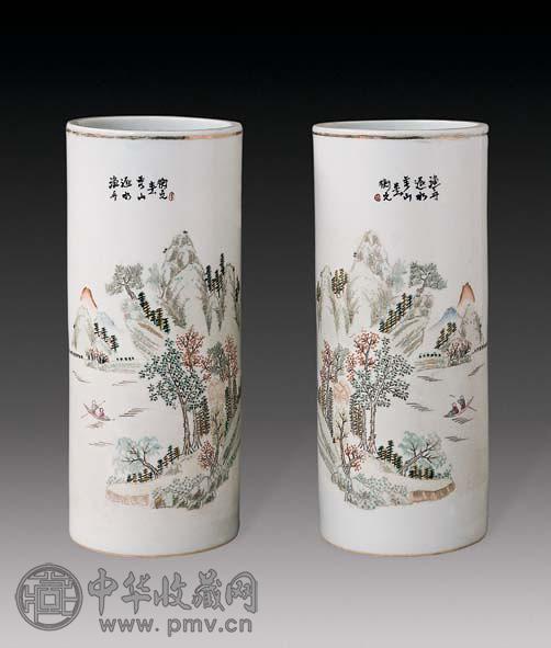 民国 粉彩山水帽筒(2件)