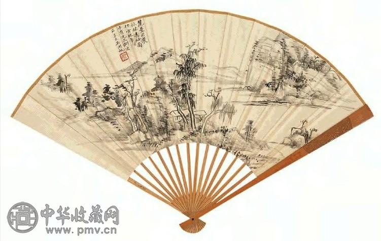 吴湖帆 辛未(1931)年作、戊寅(1938)年作 秋林远岫图 行书 扇面 水墨纸本