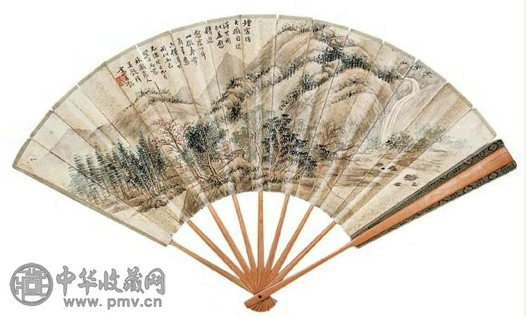 吴穀祥 光绪癸巳(1893年)作 秋山飞瀑 成扇 设色纸本