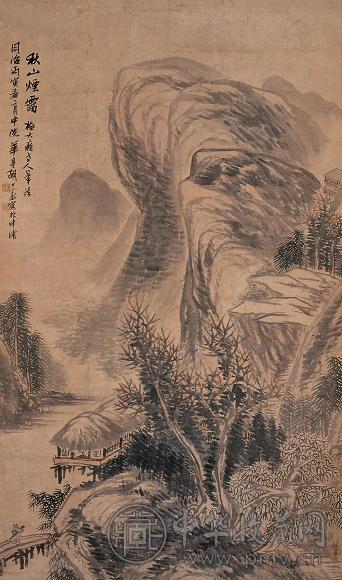 胡公寿 同治五年(1866年)作 秋山烟霭图 立轴 设色纸本