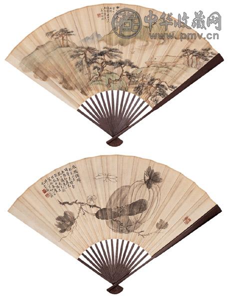 张颐 庞元济 1923年作 南山松寿图 瓜瓞绵绵图 成扇 设色纸本