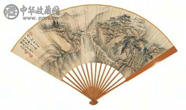 张石园 丙戌(1946)年作 云山飞瀑、行书 扇面 设色笺本