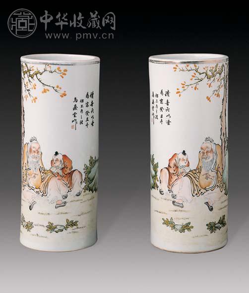 民国 粉彩人物帽筒(2件)