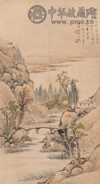 汪昉 庚戌(1850年)作 山水 立轴 设色纸本