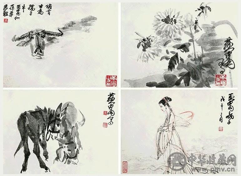 近现代 黄胄 新疆小景 册(12幅选4)